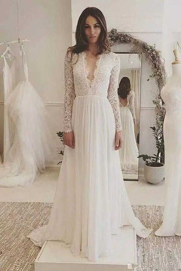 

A-Line Wedding Dress Sexy Deep V-Neck Lace Long Sleeve Open Back Bridal Gown Sexy Wedding Gown Brides Dress vestito da sposa