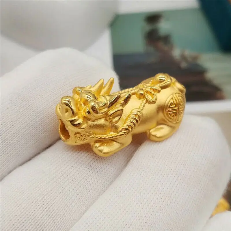 

Pure 24K 999 Yellow Gold Pendant 3D Pixiu Transfer Beads Pendant Dragon Son Fine Jewelry