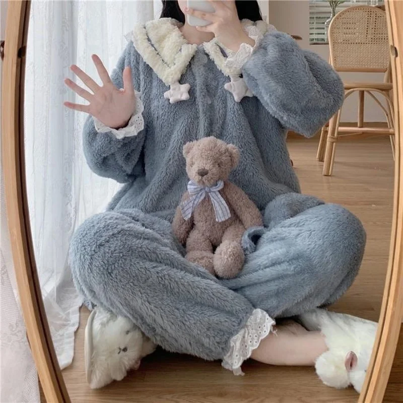 

Зимняя женская пижама, кавайная пижама из кораллового флиса, кружевная Пижама, мягкая и теплая домашняя одежда для девочек, синий и розовый ...