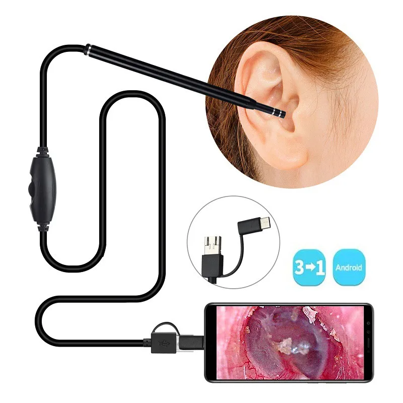 

Ушной эндоскоп 3 в 1, инструмент для чистки ушей, визуальная ложка HD, многофункциональная ухочистка, 5,5 мм, мини-камера, отоскоп для ушей Android, П...