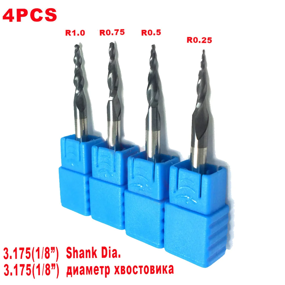 

4pcs Cutting 0.25-1.0mm Milling Cutter 3.175mm Shank Carbide Ball Nose End Mill HRC55 CNC Engraving Router Bit Set