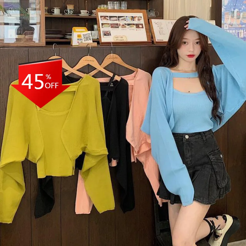 

Spring and Autumn Thin Small Sweater Knitted Jacket Jacket Plus Sexy Small Camisole Suit Female Large Size Green Jacket Female