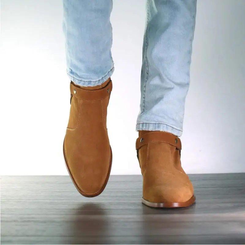 

Brown Men Faux Suede Classic Fashion Pointed Low Heel Solid High Ankle Riding Boots Сапоги جزمة قصيرة Bottes Manchuka ZZ517
