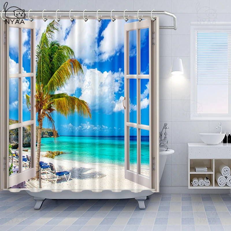 

Open The Window To See The Seaside Beach Scenery Printing Polyester Waterproof Shower Curtain Home Decoration Curtain With Hook