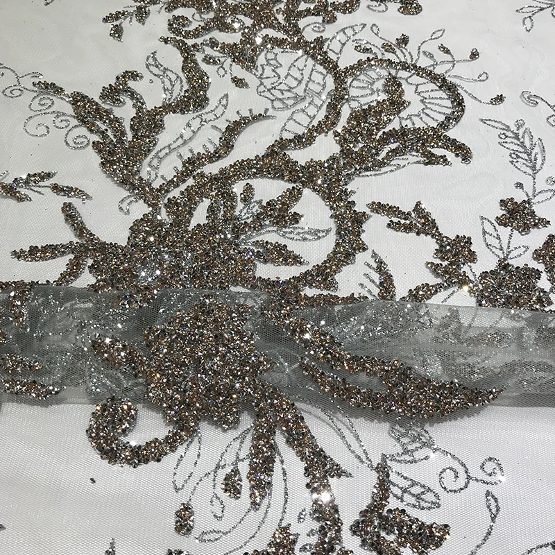 

Silver-Gray High Quality Glitter Mesh African Wedding Tulle Floral Lace Rhinestone Fabric by Yard for Sewing Bridal Party Dress
