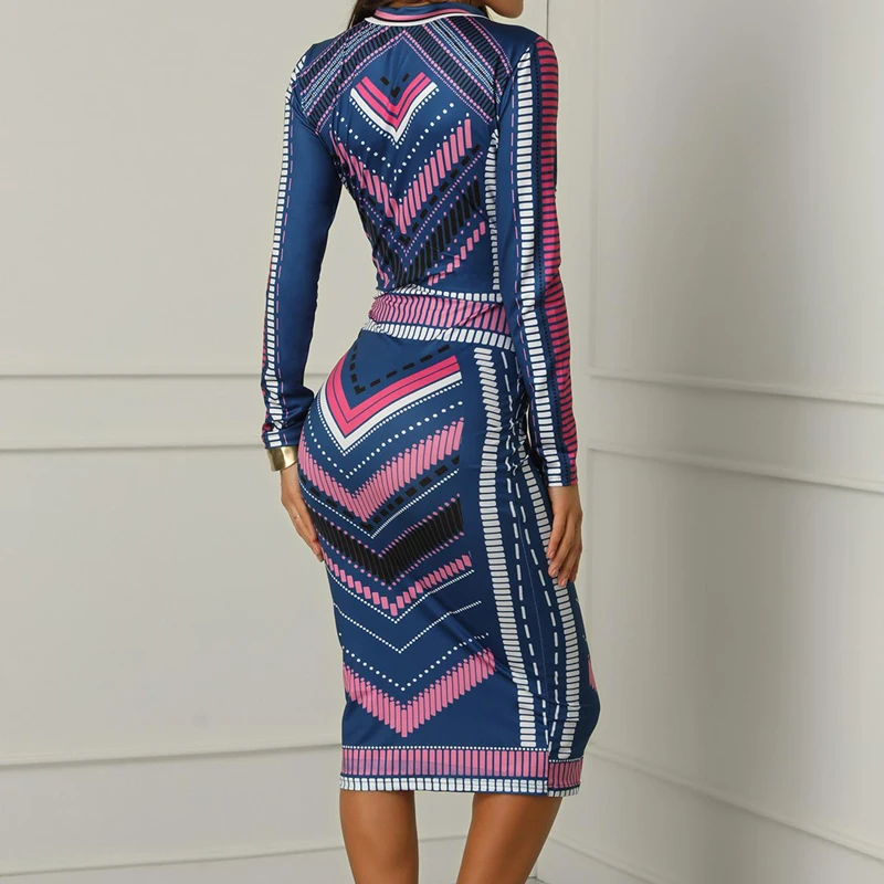 Размера плюс Для женщин шеврон полосы печатных Bodycon Вечерние для женщин, сексуальное платье-футляр на весну с печатным рисунком и длинным рукавом Миди платье Vestidos