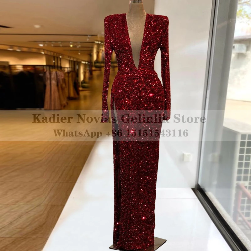 

KADIER NOVIAS Women Long Sleeve Burgundy V Neck Evening Dresses 2021 with Slit Prom Gown Vestido De Fiesta