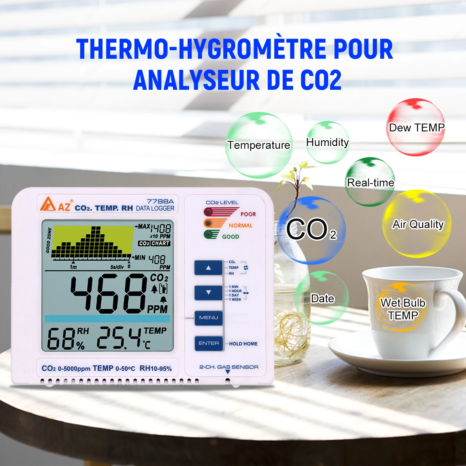 

CO2 Meter Detector Temperature Humidity Monitor Indoor/Outdoor Carbon Dioxide Multifunctional Air Quality Monitor Gas Analyzer