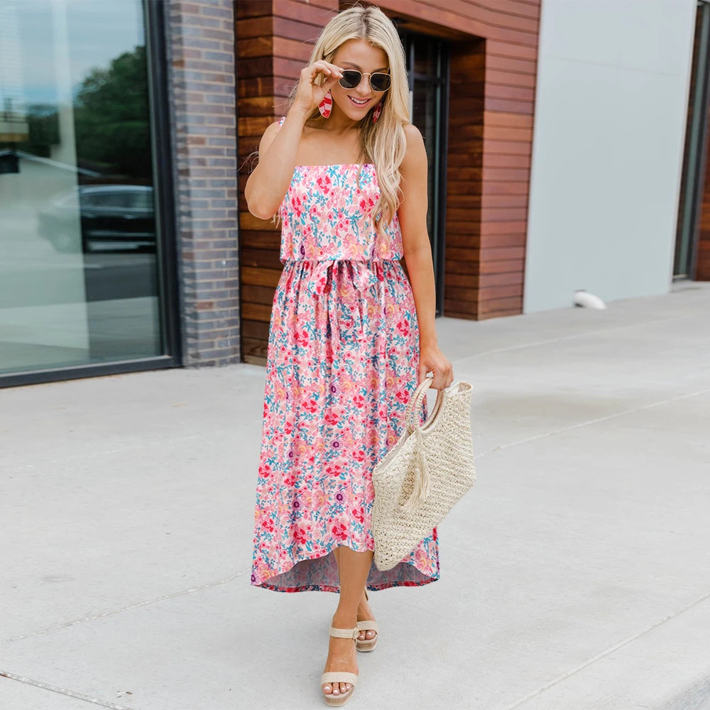 

Spring Summer Women Elegant Slim Suspender Skirt Floral Waist Elastic Sexy Women's Dress Holiday Beach Sleeveless Dress Vestido