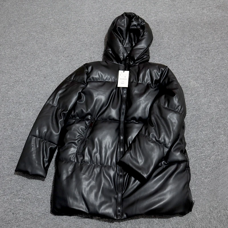 Куртка женская утепленная из искусственной кожи парка на молнии с капюшоном