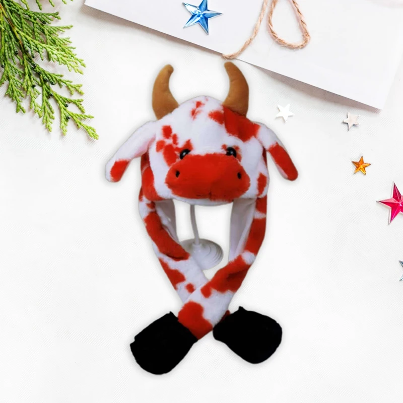 

Plush Cow Hat Ear Soft Stuffed Moving Jumping Hat Warm Soft Cow Hat For Women Girls Halloween Christmas Party