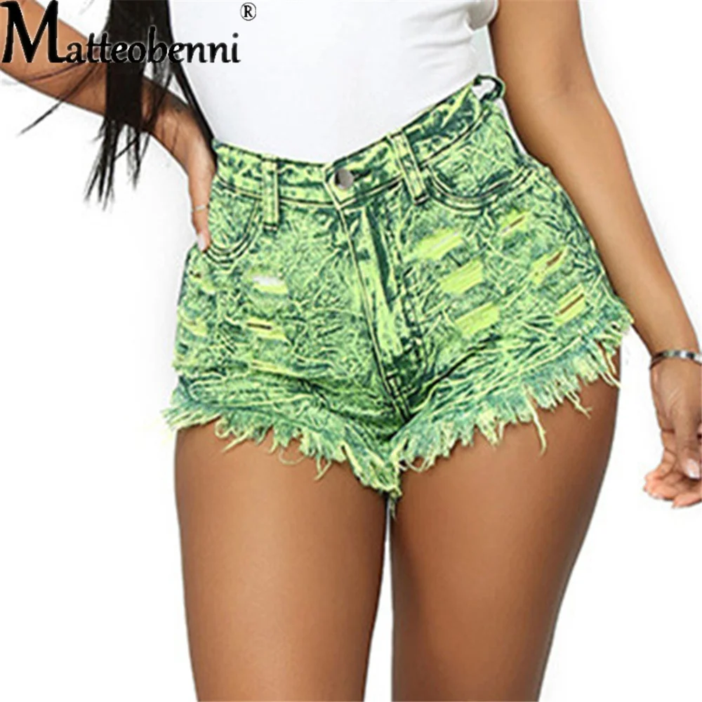 

Summer Women Fashion Sexy Holes Ripped Denim Shorts Push Up Vintage High Waist Sexy Tassel Slim Fluorescent Green Shorts Jeans