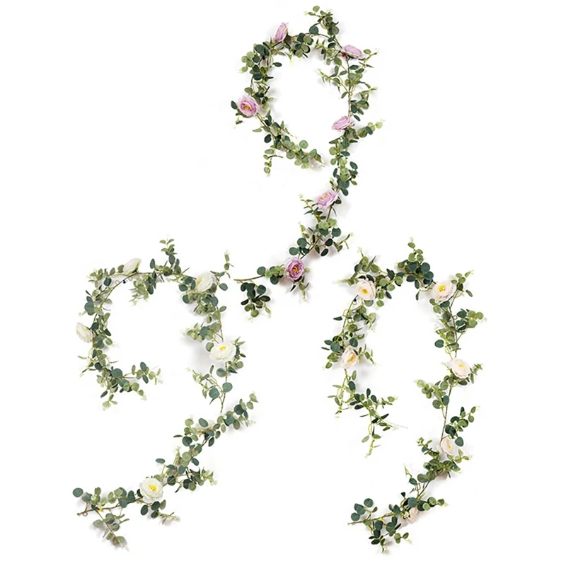 

Artificial Eucalyptus Garland with Camellias, 6.4Ft Fake Vine Hanging Ivy for Wedding Backdrop Party Arch Table Decor
