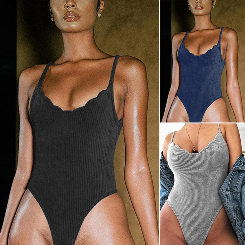 

Sexy Solid Color Ribbed Knitted Bodysuits Women Clothes Summer Backless V Neck Tank Top Bodys