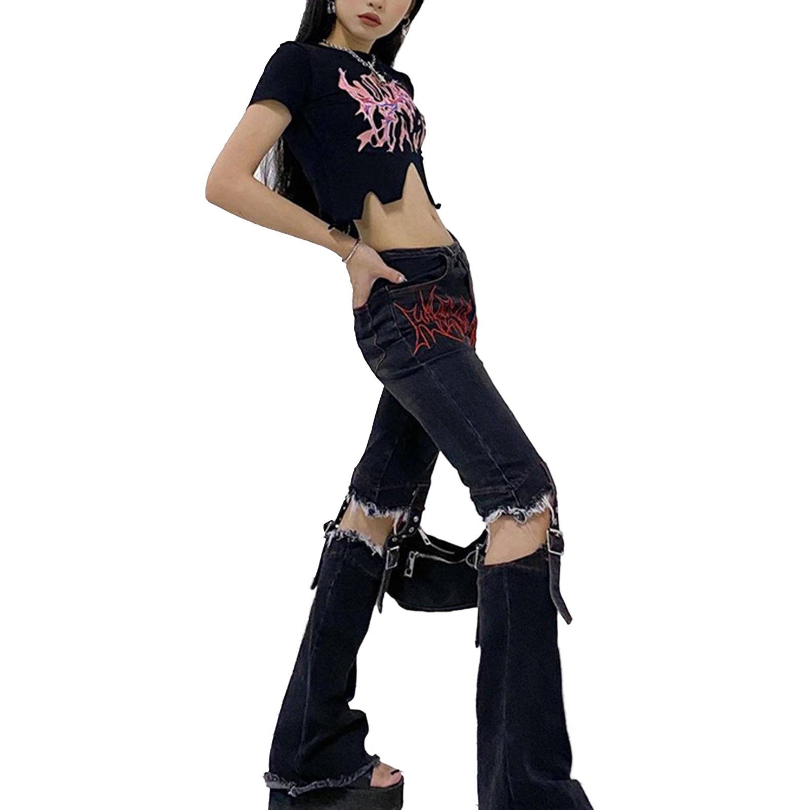 

2021 New Style Womens Casual Short Sleeve T-shirt Fashion Flame Printing Slim Fit Irregular Exposed Navel Tops Hot Sale