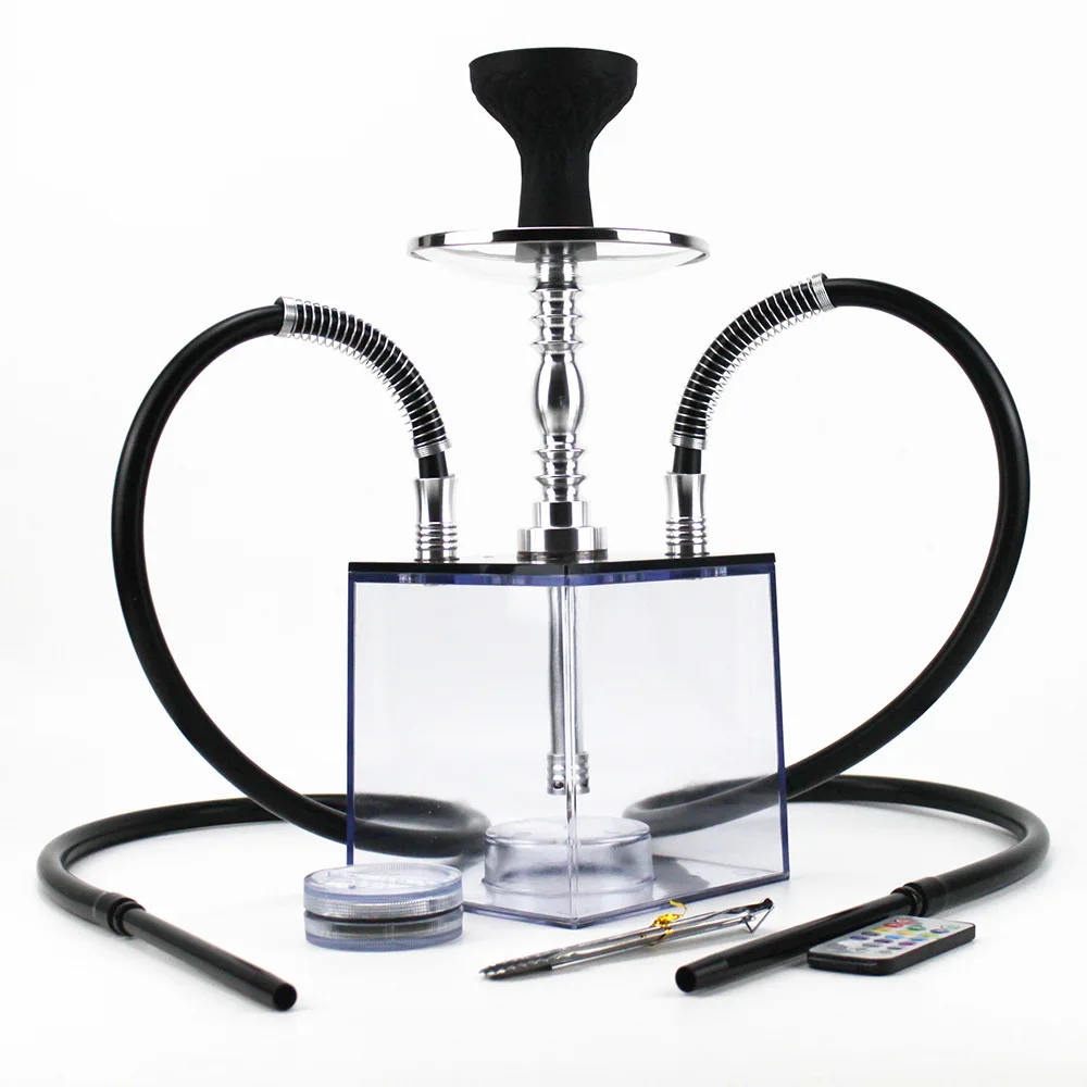 Shisha Hookah Set Acrylic Square Pot Double Tube Led Light Chicha  Narguile Complete Smoking Pipe With Hookah Accessories