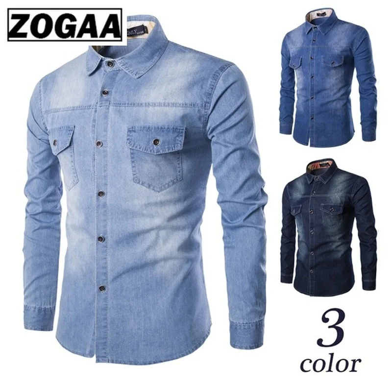 ZOGAA Men Long Sleeve Denim Shirt Mens Casual Dress Male Jean Shirts High Quality Street Wearing Hot Sale 2019 mens shirts | Мужская