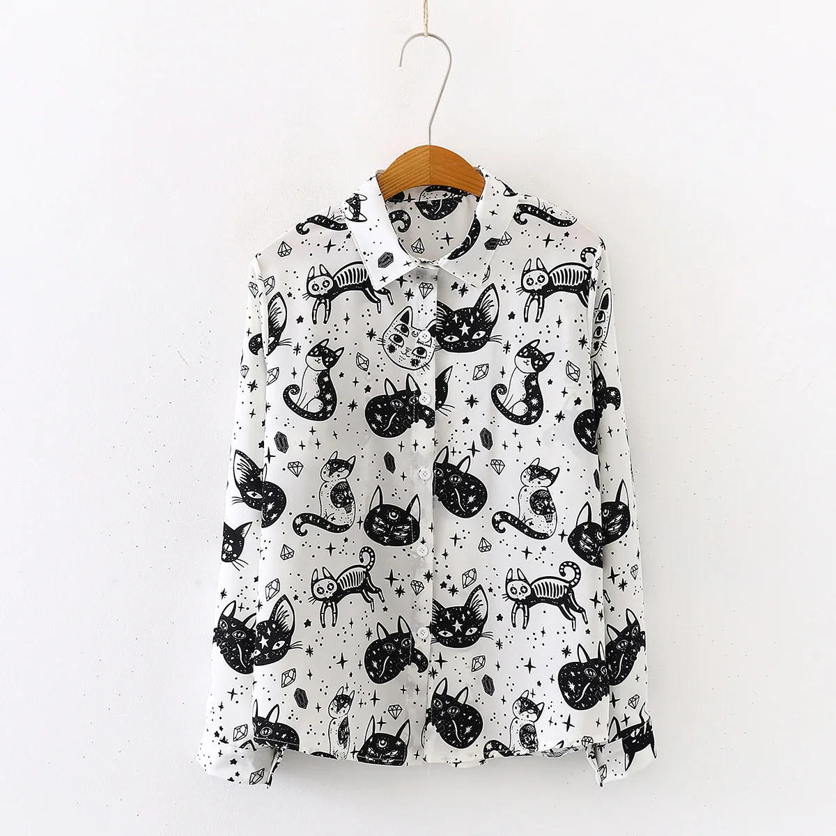 

2021 Spring Women Shirts Black White Cartoon Cat Print Blouses Fashion Slim Long Sleeve Chiffon Blouse Female Tops Blusas Mujer
