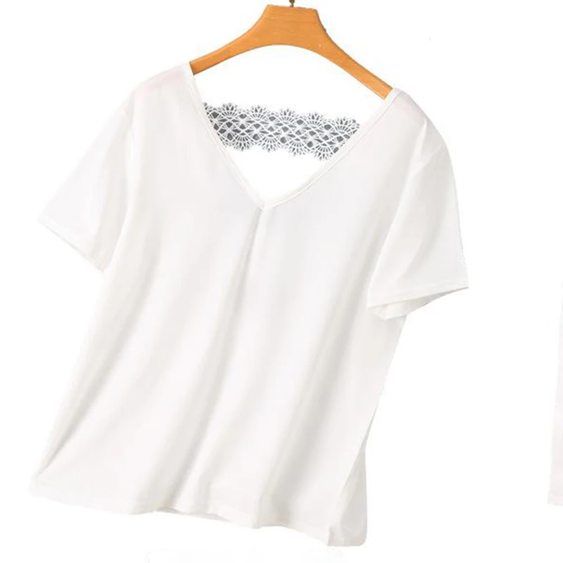 

Women Sexy Lace Hollow Out Backless T-Shirts 2021 Summer Casual V neck Short Sleeve Office Lady Chic Loose Solid White Tops Tees
