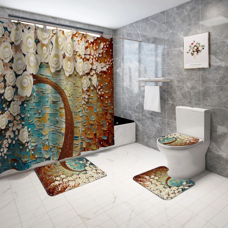 Желтая душевая занавеска с цветами и деревьями резные цветы Нескользящие