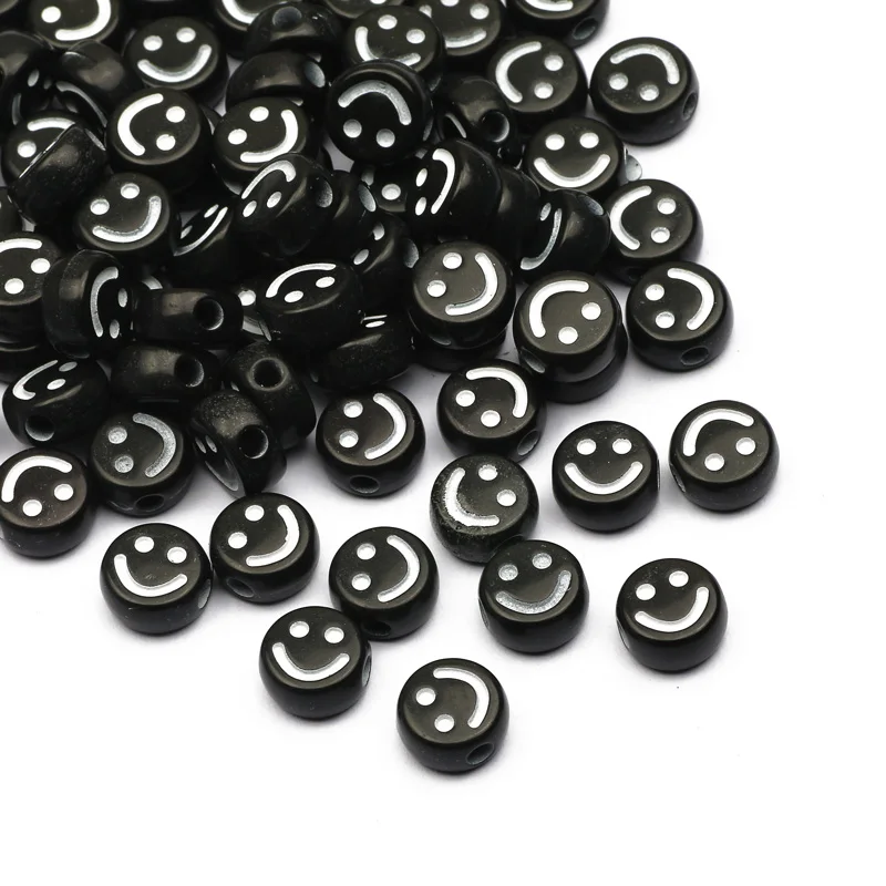 

50/100pcs 10mm Black Mixed Smiley Beads Round Flat Loose Spacer Acrylic Beads For Jewelry Making Diy Handmade Bracelet Necklace