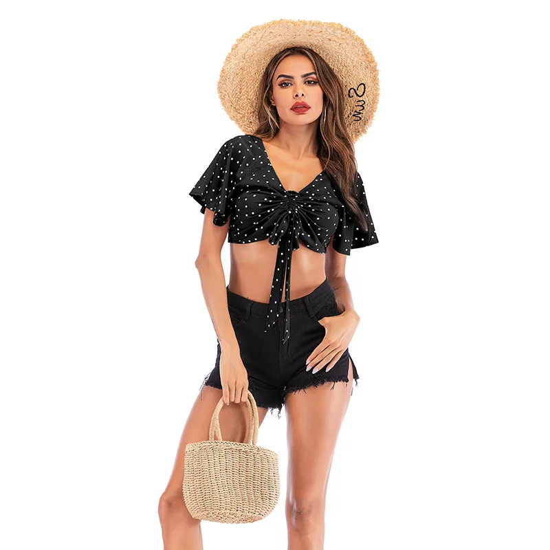 

2021NEW European and American casual slim short cropped pleated polka dot top chiffon shirt women women tops shirts