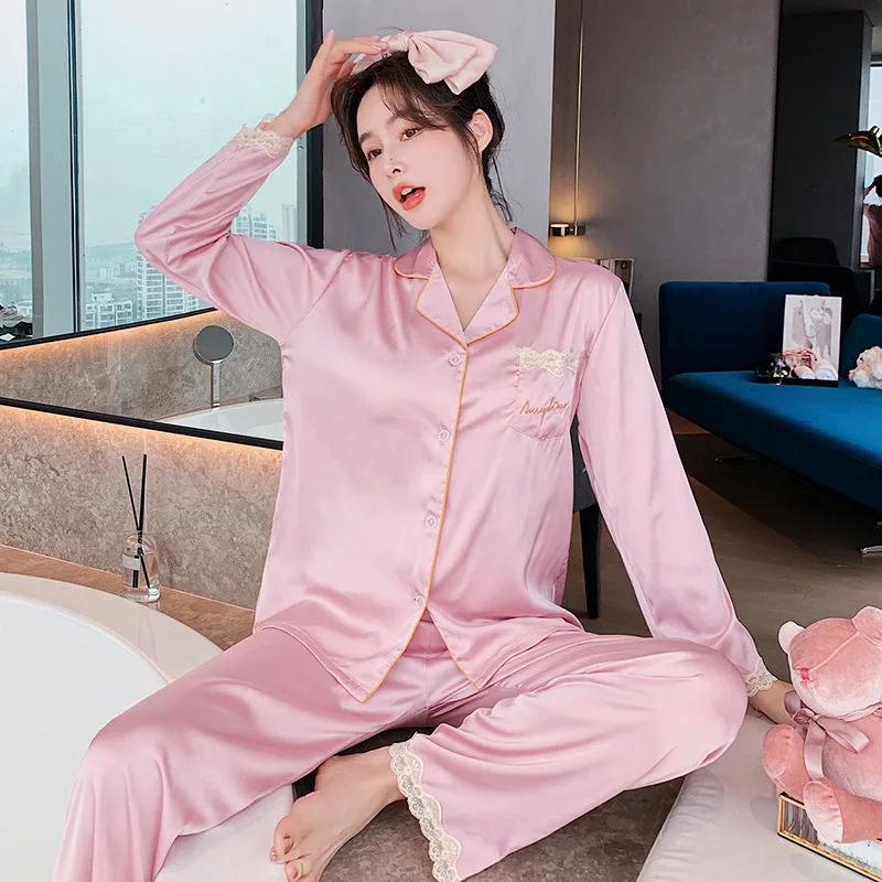 Satin Soft Touch Lace Sexy Pajama Set Women's Summer Long Sleeve Suit Pyjamas