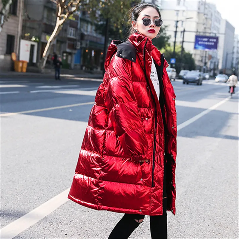 Женская Блестящая парка на молнии красная длинная свободная с капюшоном толстая