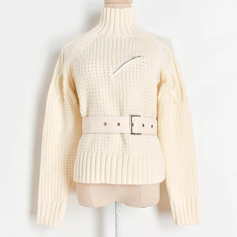 

Новинка Осень-зима вязаный свитер кремового цвета с толстыми стежками и кожаным ремнем на молнии с карманами женский модный пуловер