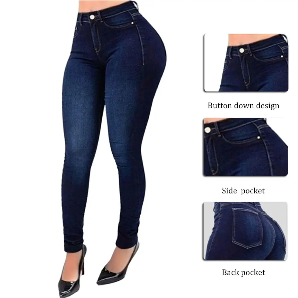 

Women High Waisted Skinny Denim Jeans Stretch Slim Pants Calf Length Jeans Casual Button Office Lady Pants Plus Size