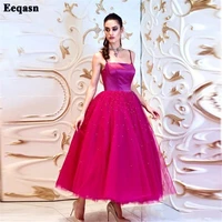 eeqasn crystal fuchsia tulle homecoming party dresses spaghetti strap ankle length graduation dress formal prom gowns for junior