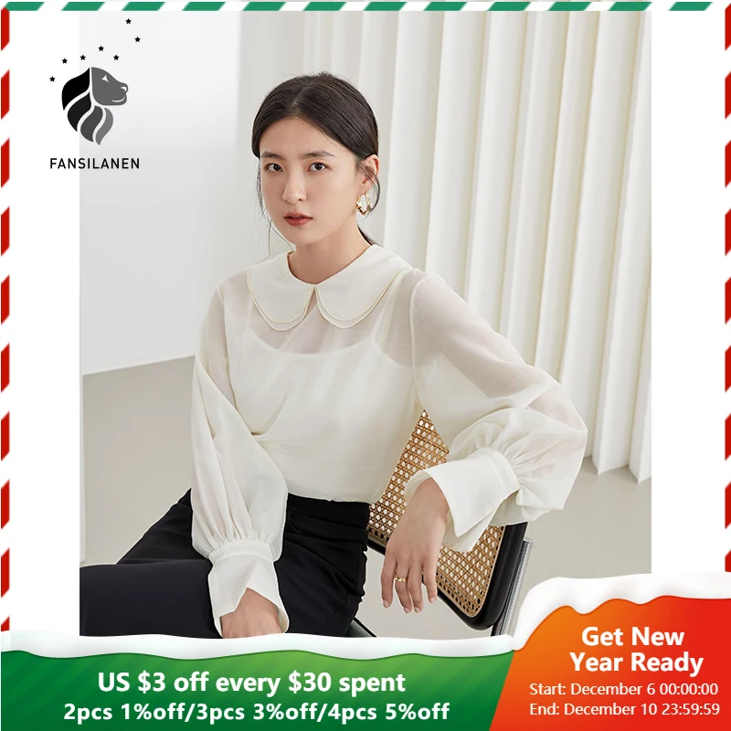 

FANSILANEN офисная кукла леди воротник прозрачный желтая рубашка женская летняя обувь 2021 НОВАЯ тонкая шифоновая рубашка с широкими рукавами, по...