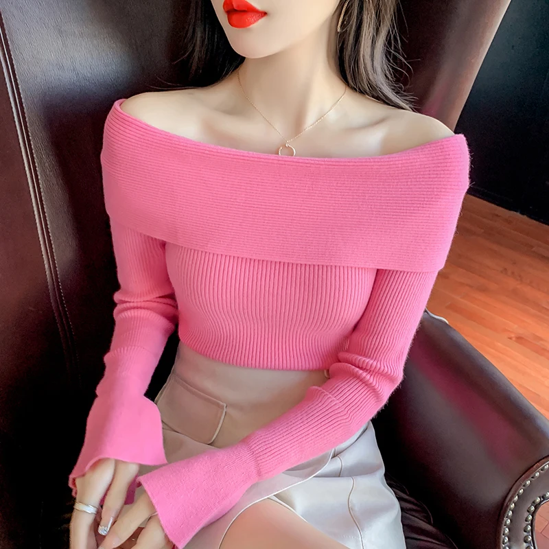 

Пуловер с воротником-лодочкой, свитера, Женский вязаный эластичный мягкий свитер с длинными расклешенными рукавами, рубашки, женский джемп...