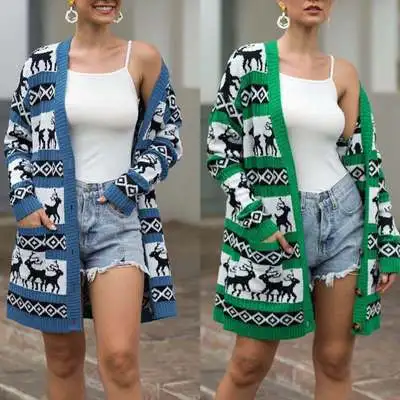 

Autumn season new women's hot style snowflake elk Christmas pattern long knitted cardigan plus size jacket