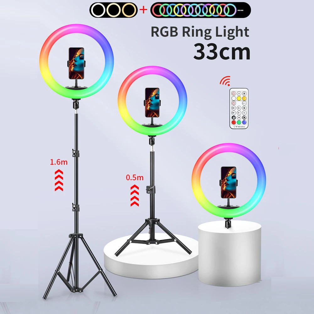 

33cm RGB Ring Light With Tripod Phone Clip LED Photography Lighting Selfie Lamp USB Interface Dimmable Makeup Photo Video Live