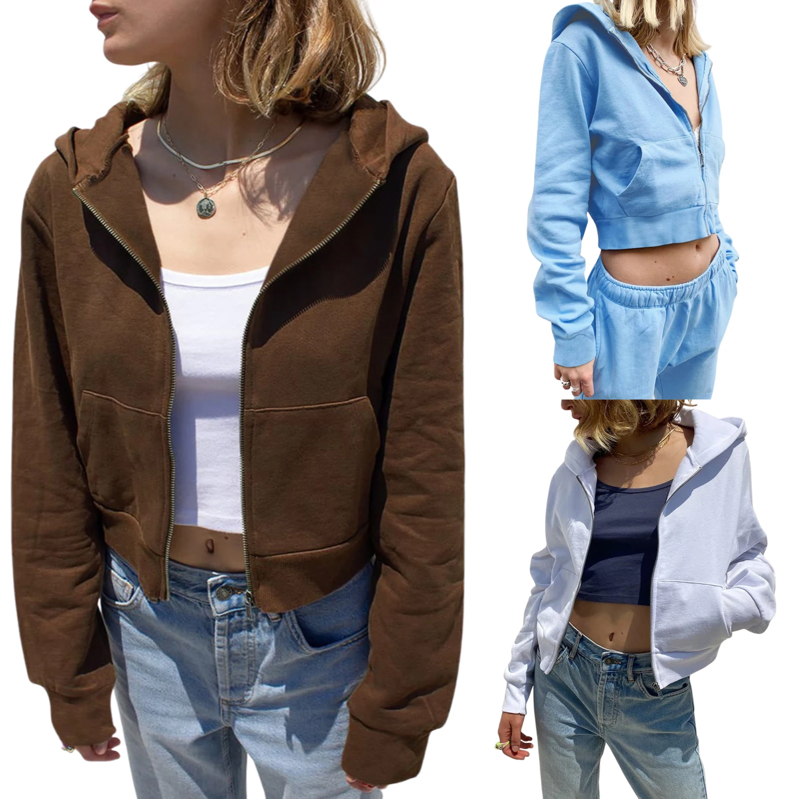 

Women’s Full Zip Hoodies, Fashion Solid Color Long Sleeve Regular Fit Sweatshirts