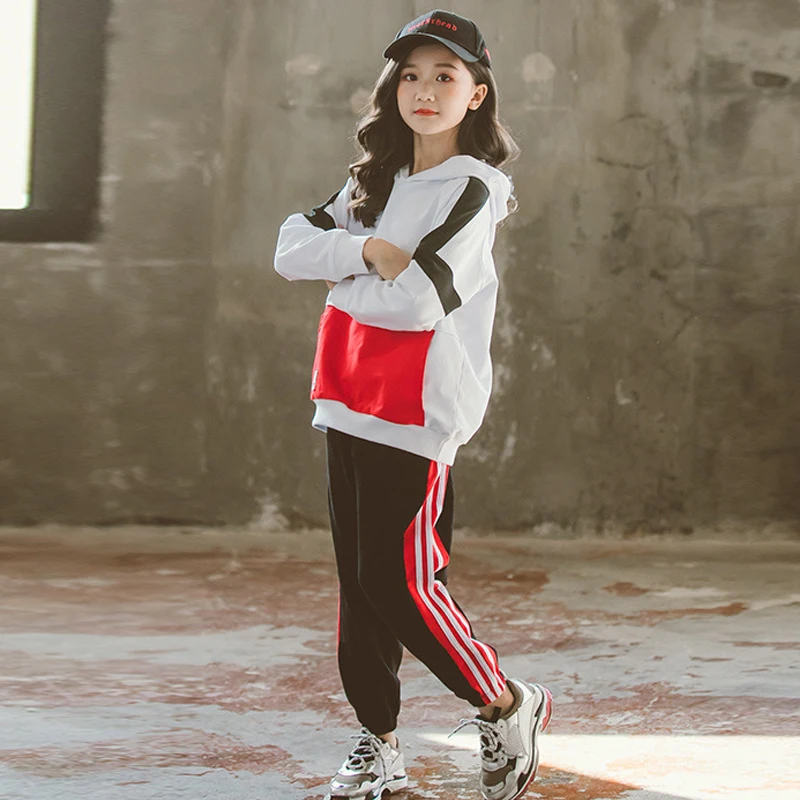

Детский весенний спортивный костюм для девочек, белая толстовка с длинным рукавом и капюшоном и штаны, 2020