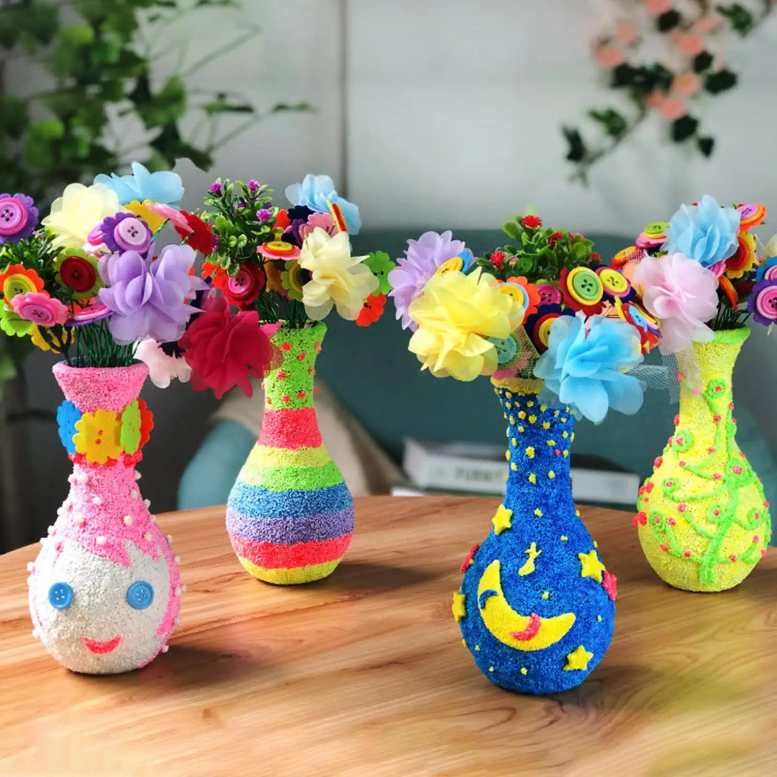 Ramo de flores hecho a mano con botones para ni&ntilde;os, juguete artesanal, Ornamnet, regalo de Navidad-0