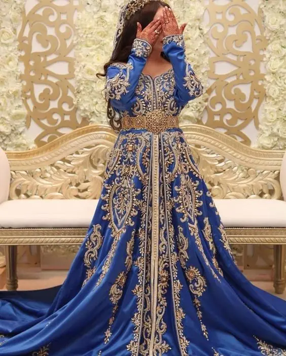 Роскошное вечернее платье Morrocan Caftan королевское синее с длинным рукавом