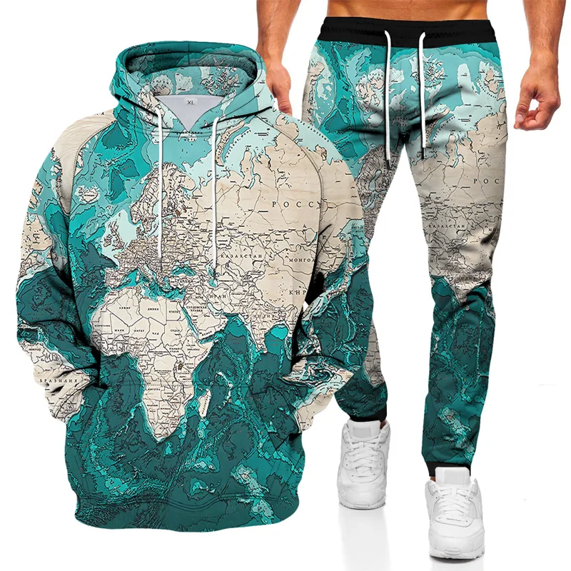 

2021 autumn and winter map sweater jacket men's pants suit sports suit 3D starry sky map printing casual suit