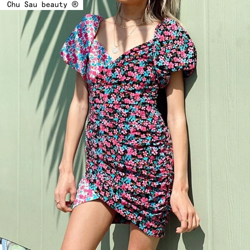 Платье-мини женское шифоновое с цветочным принтом и пышными рукавами | Женская