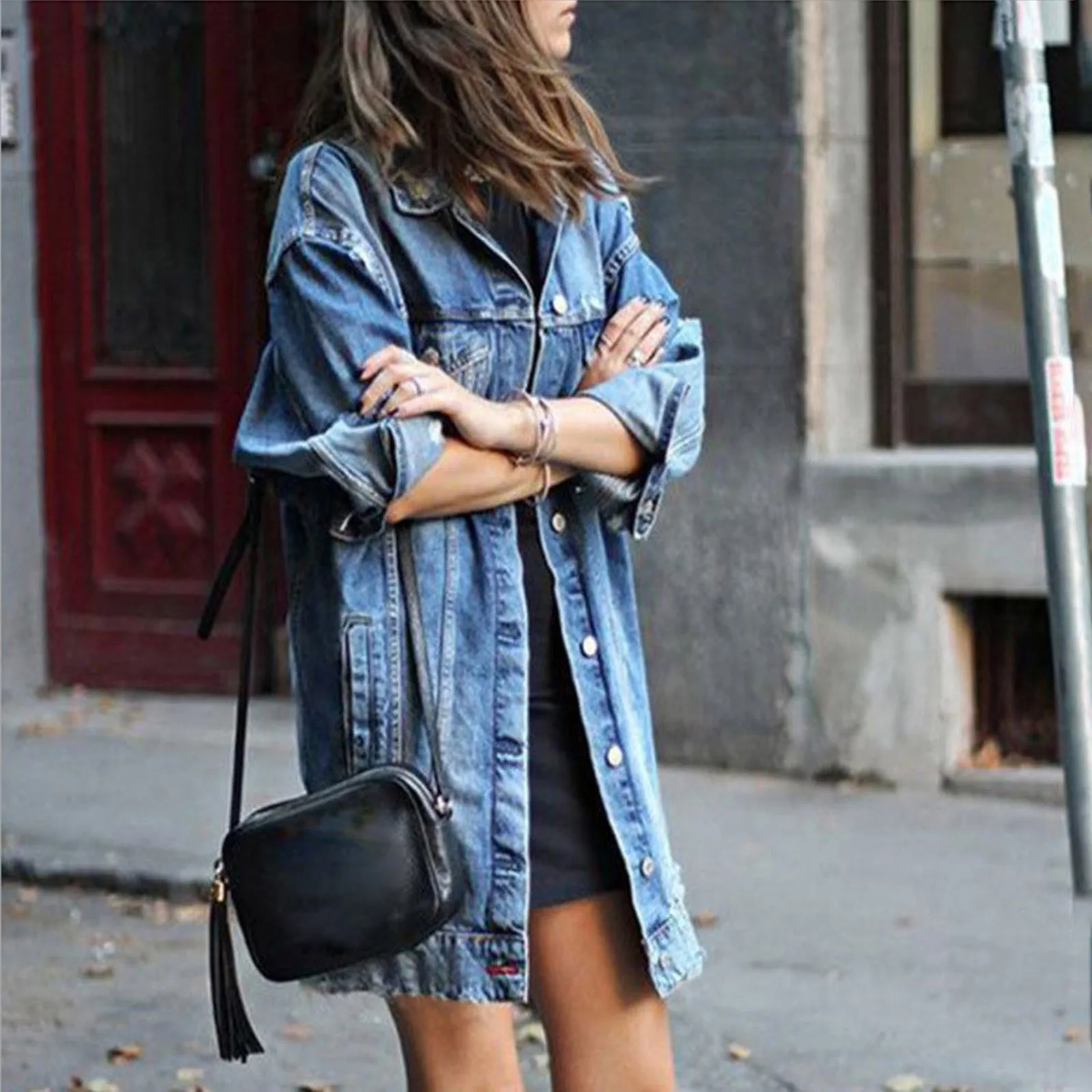 

Fashion Women Plus Size Long Sleeve Ripped Denim Coat Button Pockets Boyfriend Jeans Long Jackets Outwear Chaquetas Mujer#g3