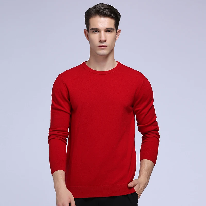 Красный Мужской свитер из чистой мериносовой шерсти с круглым вырезом, теплый пуловер с длинным рукавом - Цвет: Красный