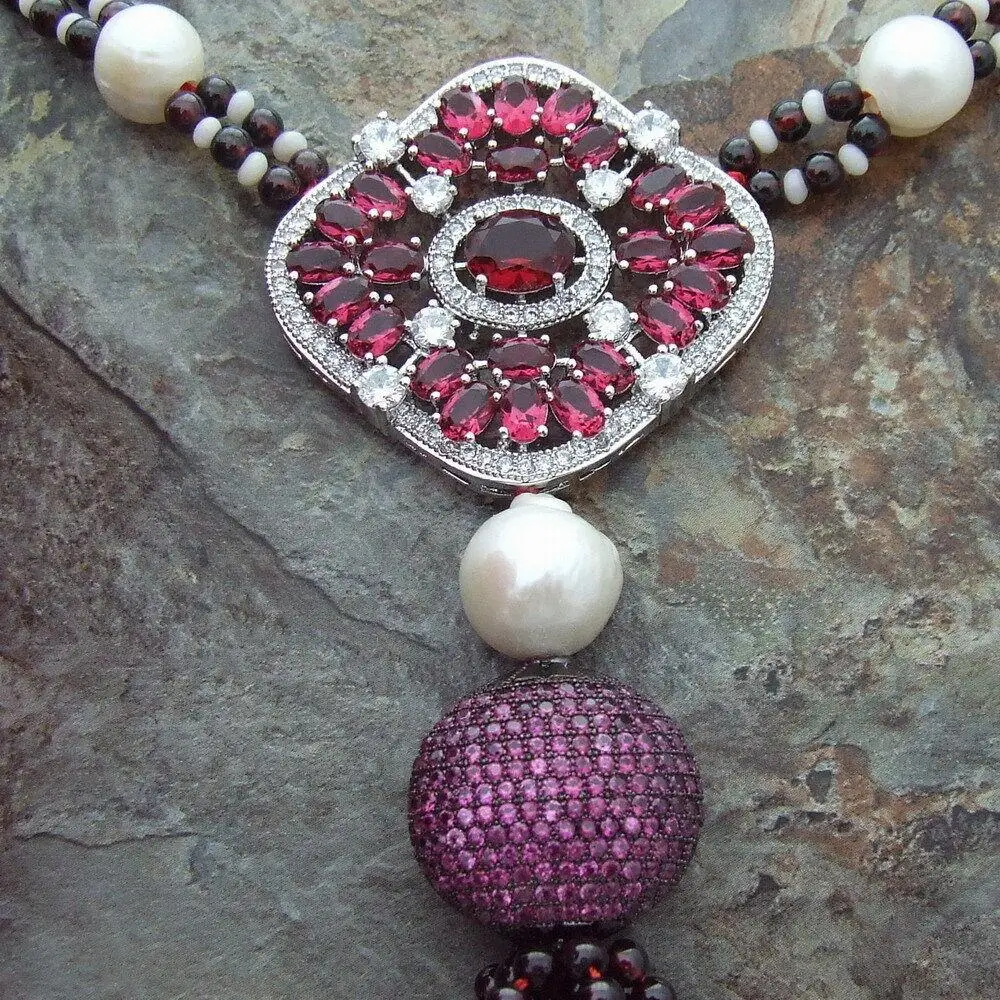 

YYING 25" natural round Garnet white Coral White freshwater Pearl Necklace Red CZ Pave Pendant necklace for women