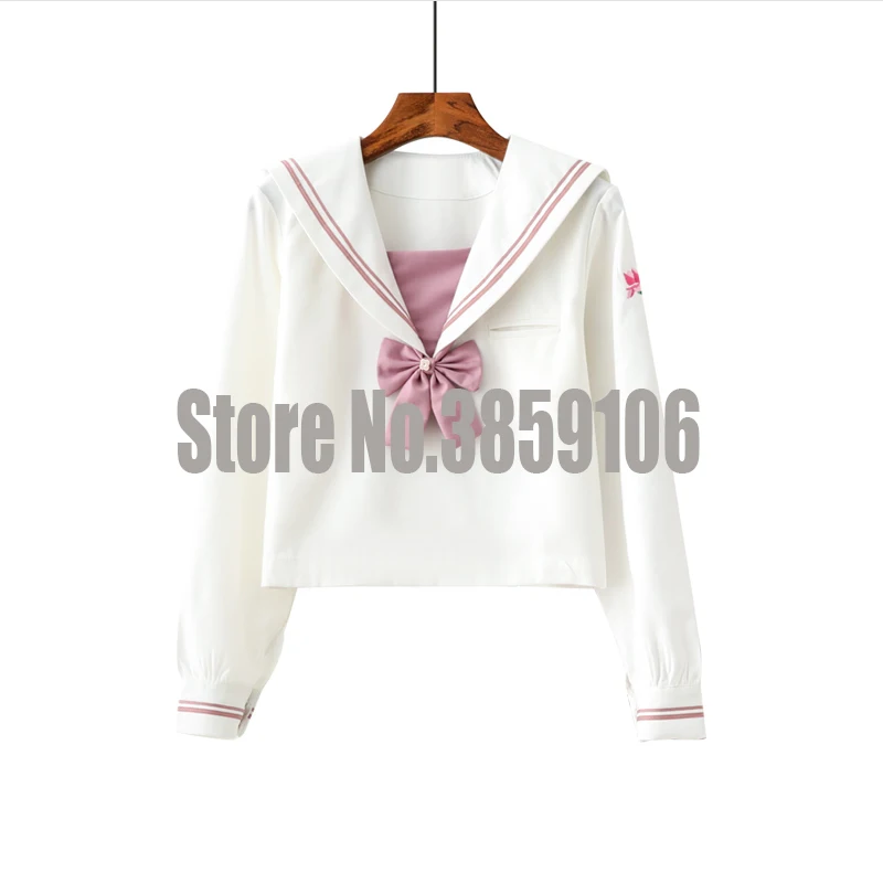 Long Sleeve Top UPHYD розовый цветок вышивка белая рубашка и розовая юбка костюмы студентов Косплей JK школьная форма для девочек Матросская форма наборы - Цвет: Long Sleeve Top