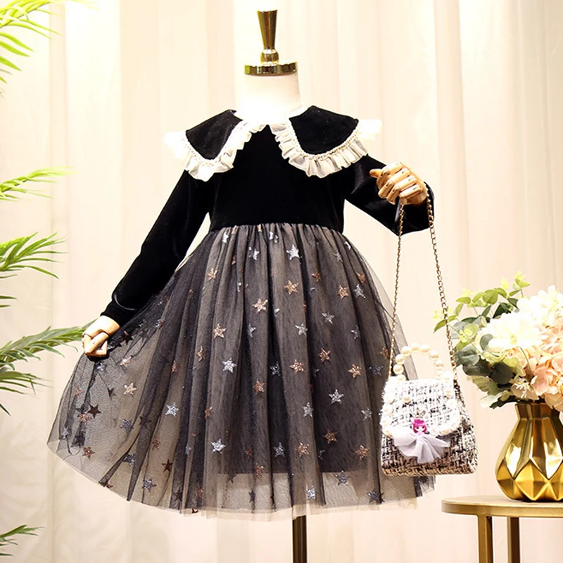 

Autumn Girls Dress New Children Clothing Baby Kids Palace Net Yarn Lace Frills Lapel Long Sleeve Dress Princess Dress For Girls