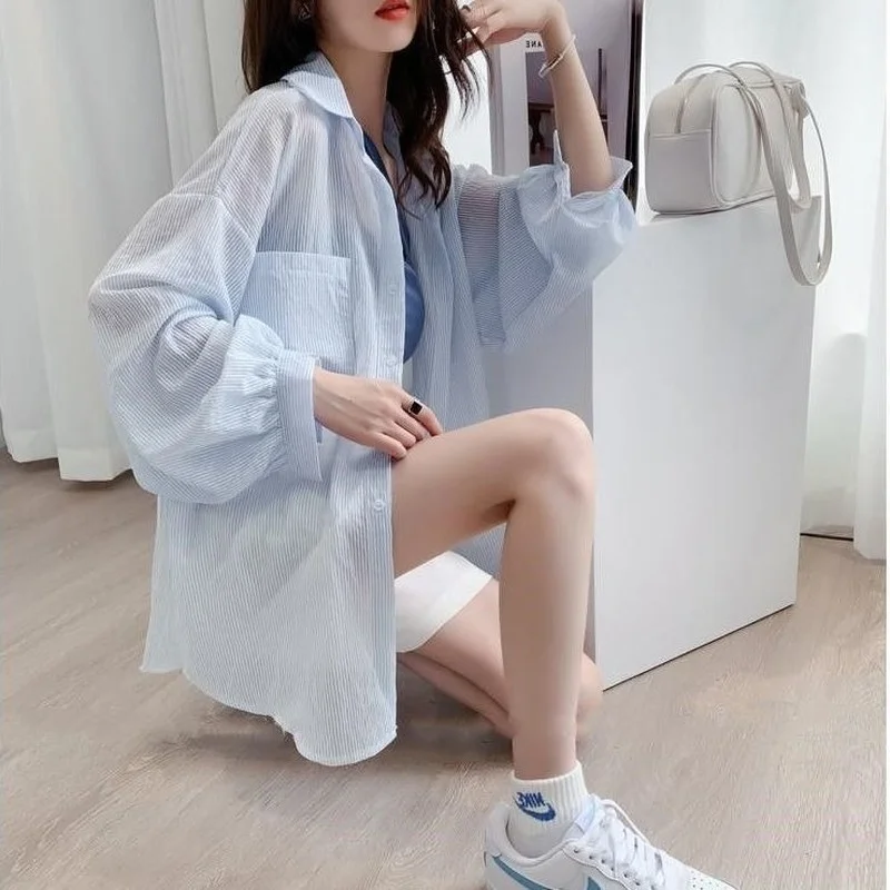 

White Chiffon Blouse Summer Transparent Oversize Puff Long Sleeve Button Up Shirt Korean Fashion Cardigan Plus SizeTop