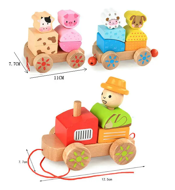 Бесплатная доставка фермерские животные три поезда деревянные блоки Детские