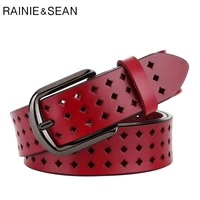 rainie sean red lady belts real genuine leather women belt brand female strap vintage hollow out cowskin waist belt for jeans