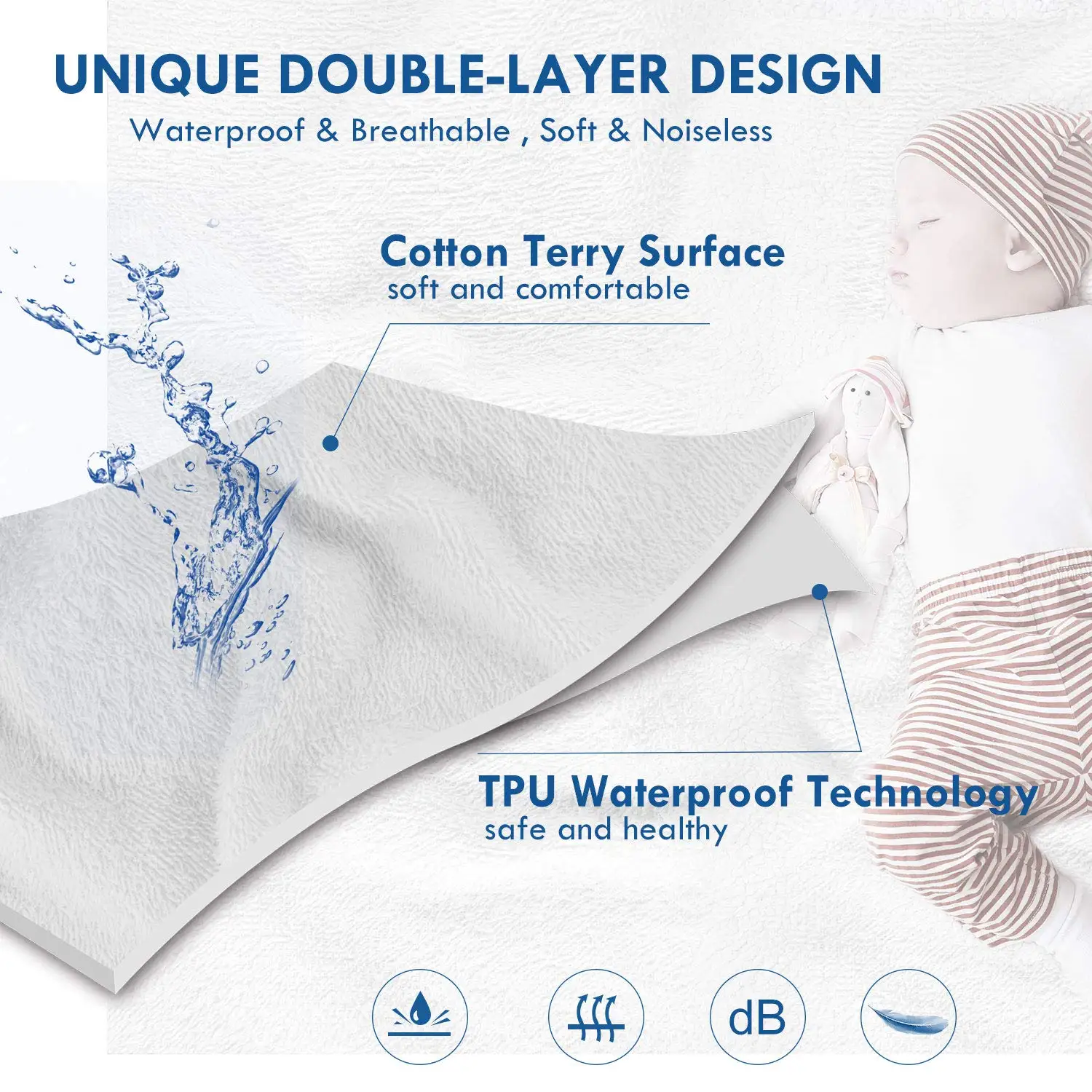 Однотонная махровая ткань водонепроницаемый чехол для кровати нескользящий